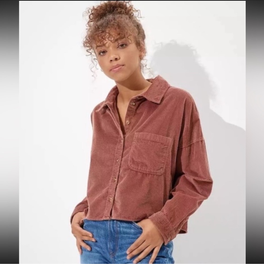 American Eagle Dark Mauve Corduroy Cropped Oversized Button Down size Large